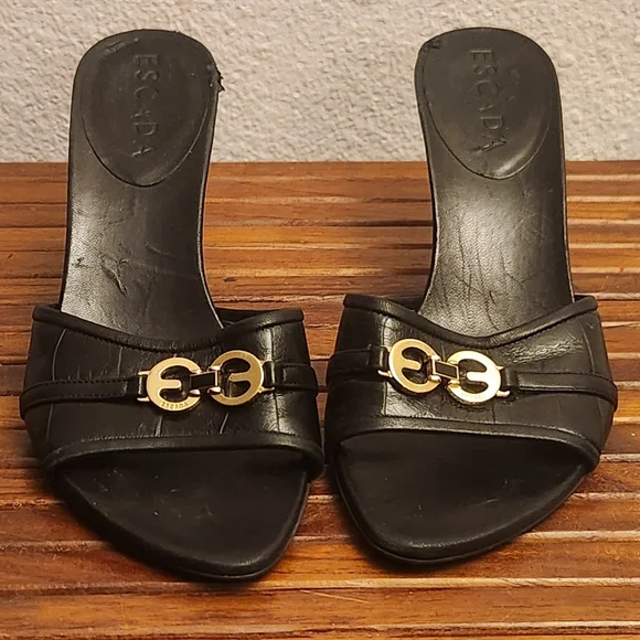 Escada Black Leather Heels with Gold Accent - Picture 2 of 12